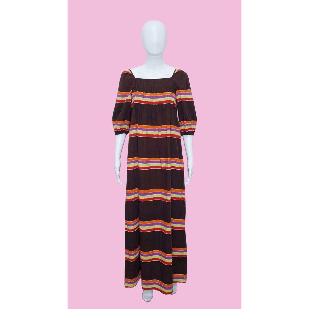 1960s-1970s MARIMEKKO Brown STRIPED, Pleated, PUFF Sleeve Maxi Dress XS-S. As Is